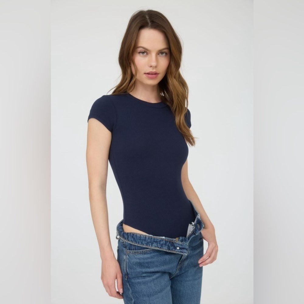 The Workshop Round Neck Short Sleeve Knit Bodysuit In Navy